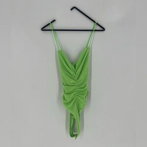 SER.O.YA Neón Lime Ruched Spaghetti Criss Cross Thong Coral Bodysuit